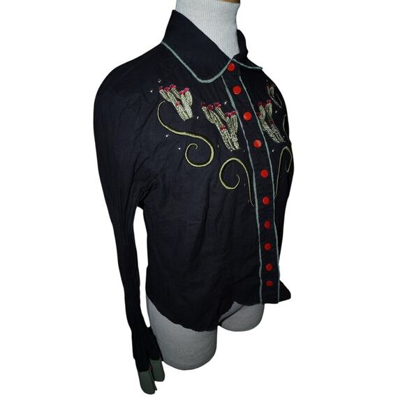 Collectif London Western Cactus Embroidered Shirt Black Red Buttons Size S UK 10 - Picture 3 of 12